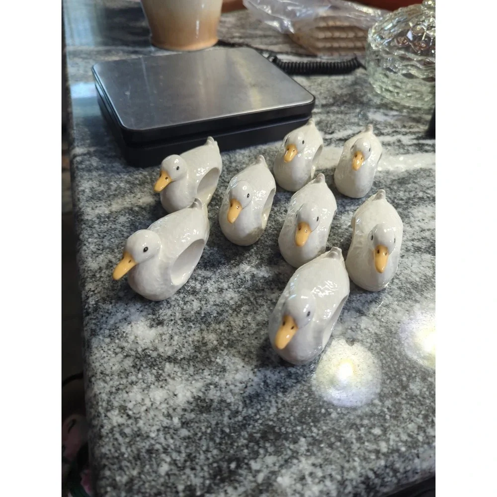 8 Vintage White Ceramic Duck /Goose Napkin Rings Cottage Core Farmhouse